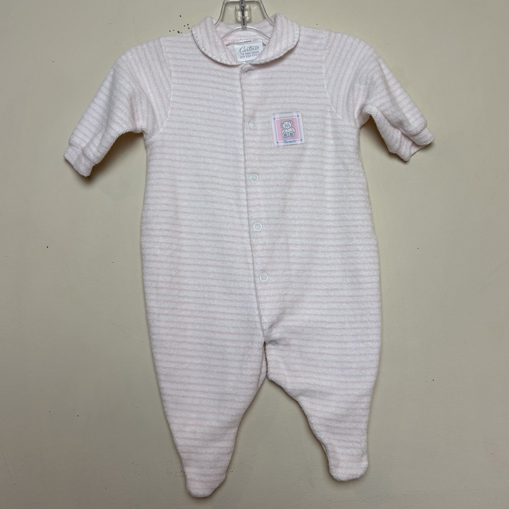 VTG Carter's Bear 90s Pink Striped Terry Sleeper Baby One Piece Size 0-3 Months